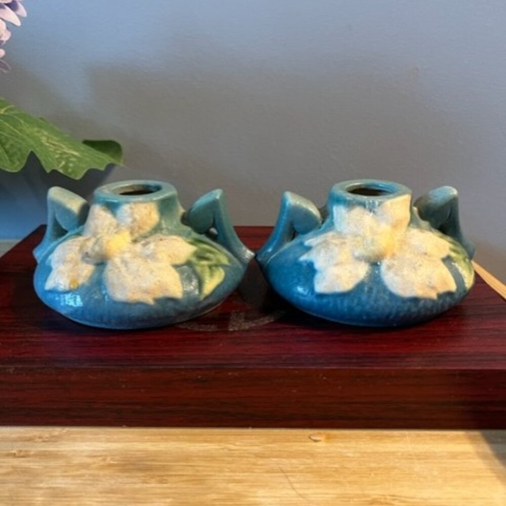 Roseville Art Pottery Clematis Pair of Candle holders blue green Vintage *READ*